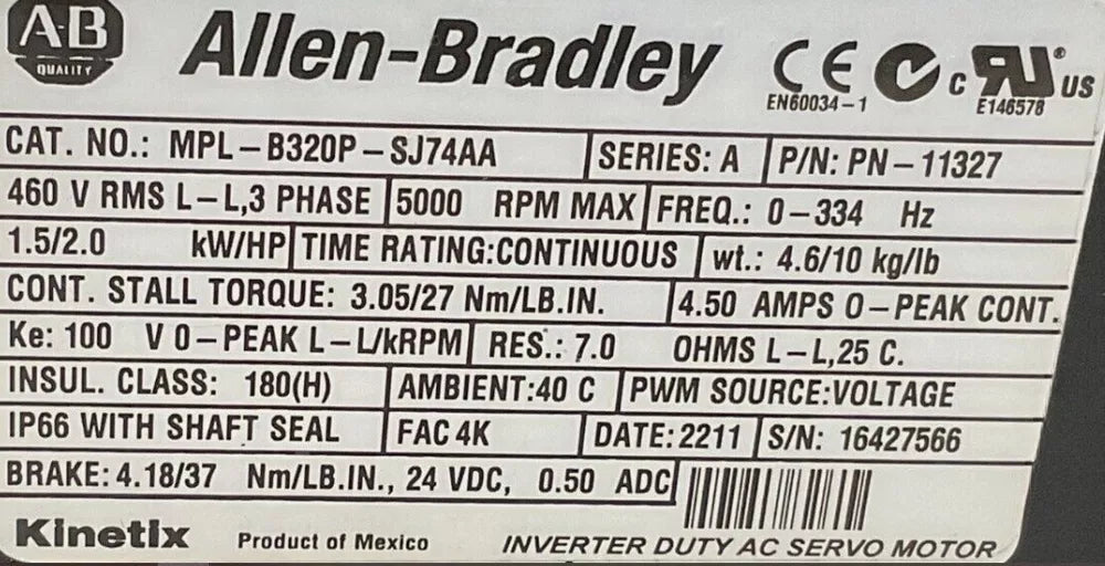 New Sealed Allen-Bradley MPL-B320P-SJ74AA MPL 480V AC Rotary Servo Motor DHL / UPS / FedEx