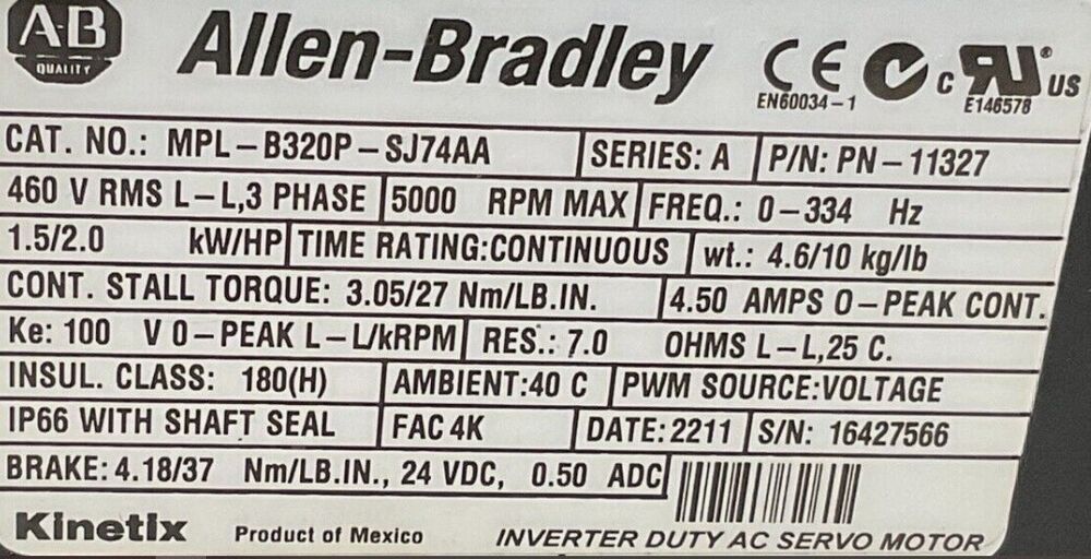 New Sealed Allen-Bradley MPL-B320P-SJ74AA MPL 480V AC Rotary Servo Motor DHL / UPS / FedEx