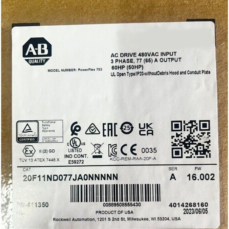 New AB 20F11ND077JA0NNNNN Allen-Bradley PowerFlex 753 77A AC Drive Sealed In Box Fedex or DHL