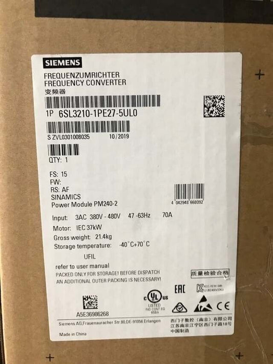 Siemens Power Module Frequency Converter 6SL3210-1PE27-5UL0 New Fast Shipping Fedex / DHL