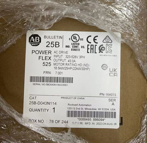 New Allen-Bradley 25B-D043N114 /A PowerFlex 525 AC Drive 30HP/22KW 323-528VAC Fedex or DHL