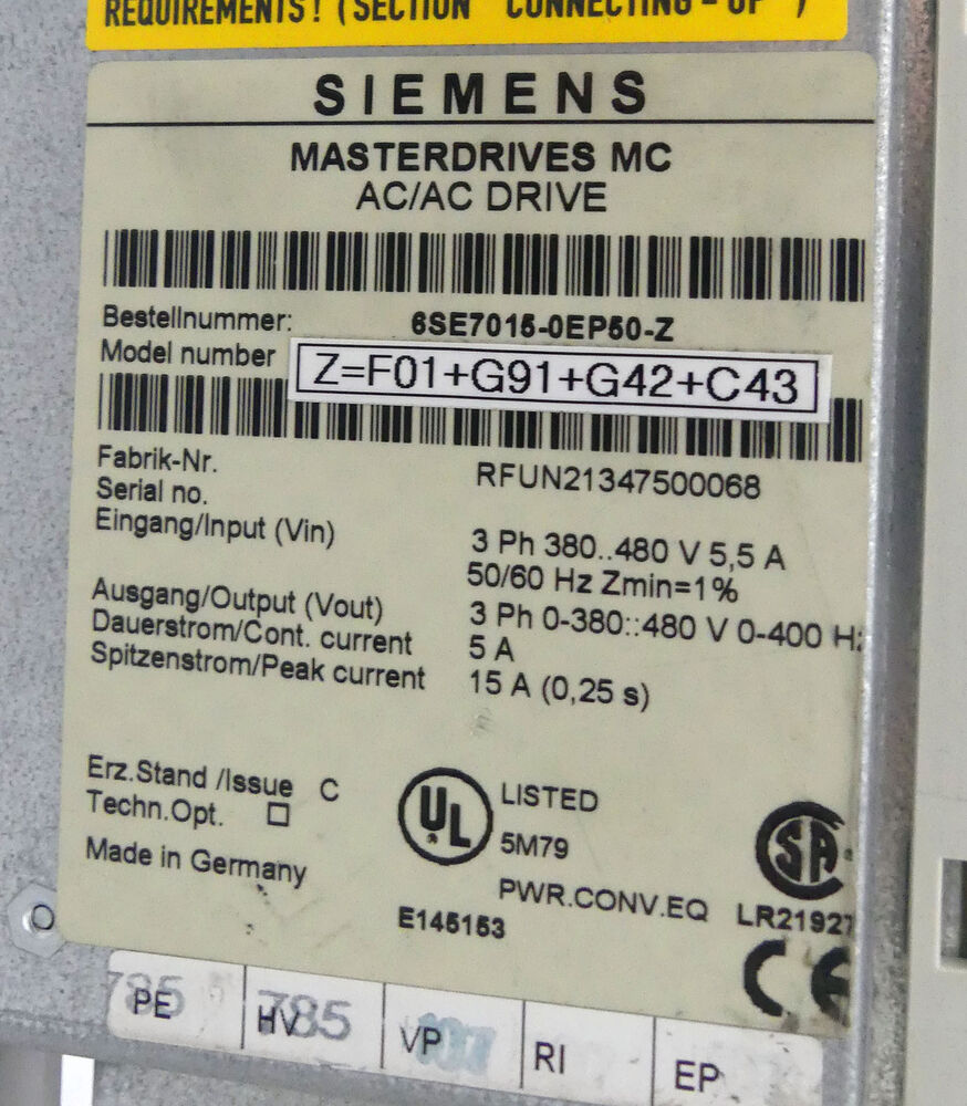 SIEMENS SIMOVERT 6SE7015-0EP50-Z 6SE7 015-0EP50-Z E-Stand: C -unused--  UPS /  Fedex / DHL