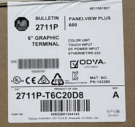 New Allen Bradley 2711P-T6C20D8 PanelView Pl 6 Graphic Terminal 2711P-T6C20D8 Fedex or DHL