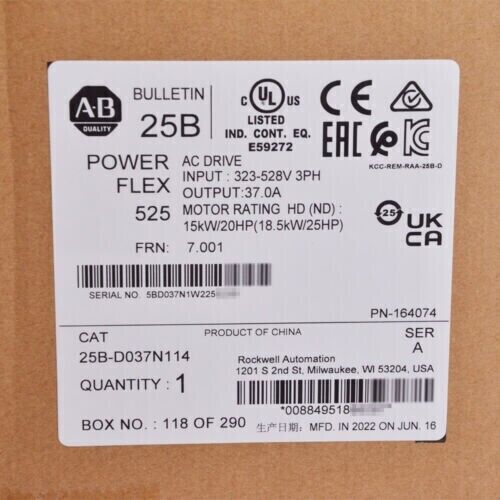 New Factory Sealed Allen Bradley 25B-D037N114 PowerFlex 525 25BD037N114 DHL / UPS / FedEx