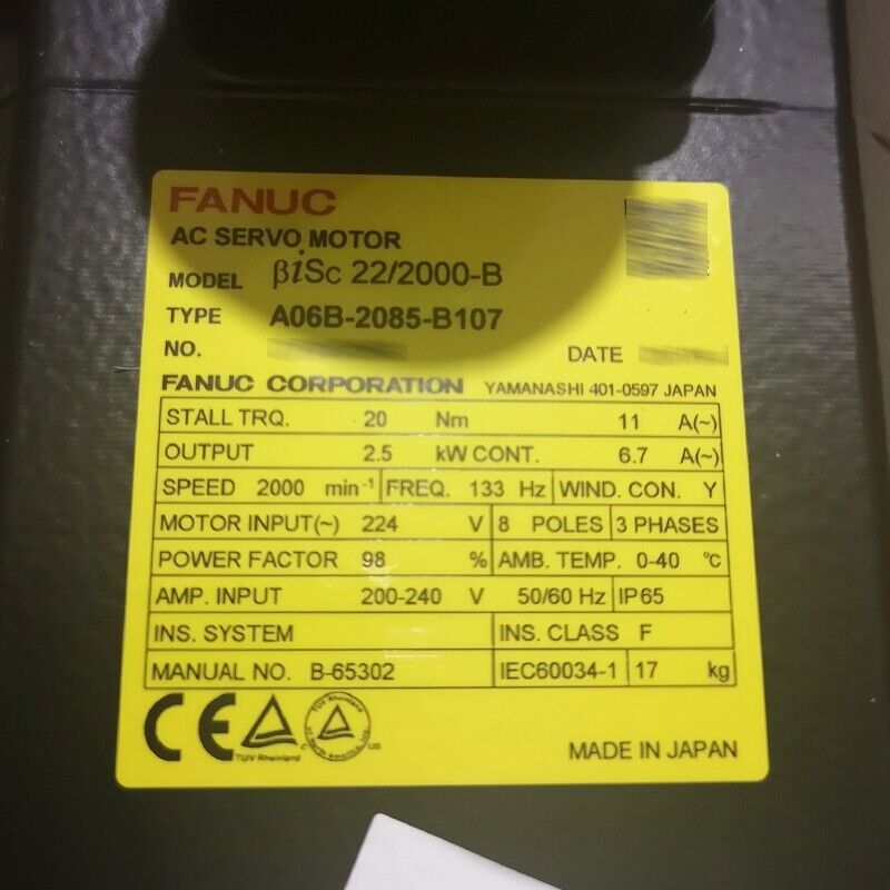 NEW FANUC A06B-2085-B107 AC SERVO MOTOR A06B2085B107 EXPEDITED SHIPPINGDHL / UPS / FedEx