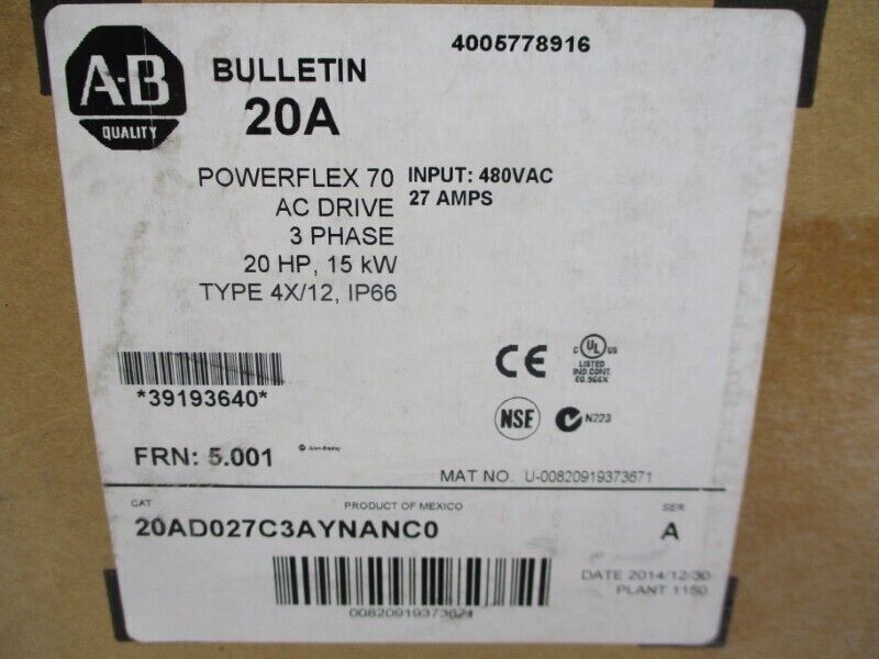 Allen Bradley 20AD027C3AYNANC0 PowerFlex70 AC Drive 15kW/20HP 400V Free Shipping DHL / UPS / FedEx