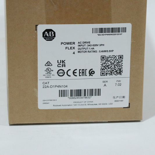 22A-D1P4N104 Allen Bradley 0.4kW PowerFlex 4 AC Drive 380VAC 3PH 1.4A Fedex or DHL