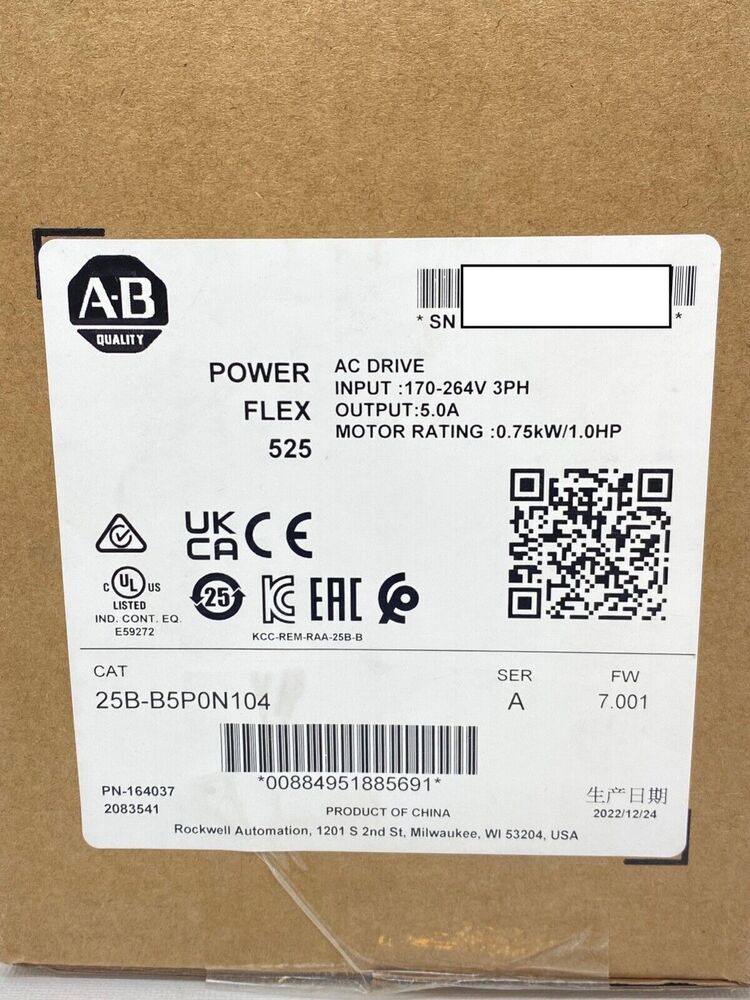 New Sealed Allen Bradley 25B-B5P0N104 PowerFlex 525 AC Drive 0.75KW 1.0HP DHL / UPS / FedEx