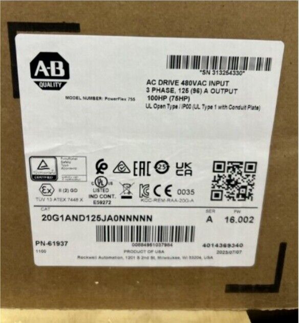 20G1AND125JA0NNNNN New Factory Sealed Allen-Bradley 755 AC Drive Air Cooled Fedex or DHL