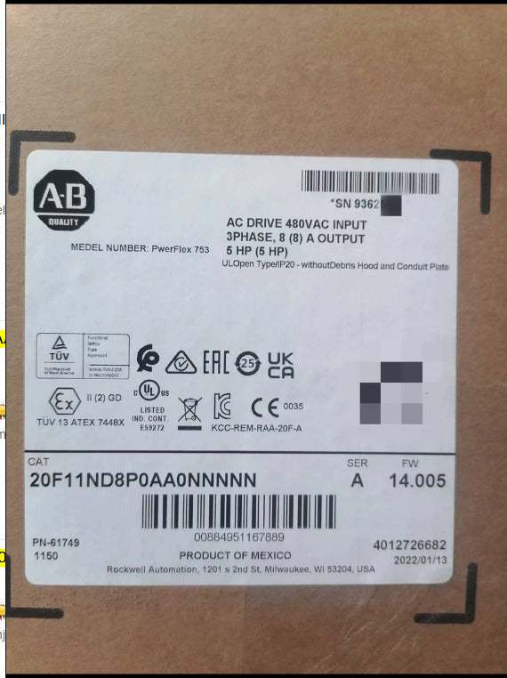 Allen Bradley 20F11ND8P0AA0NNNNN PowerFlex 753 AC Drive 20F11ND8P0AA0NNNNN DHL / UPS / FedEx