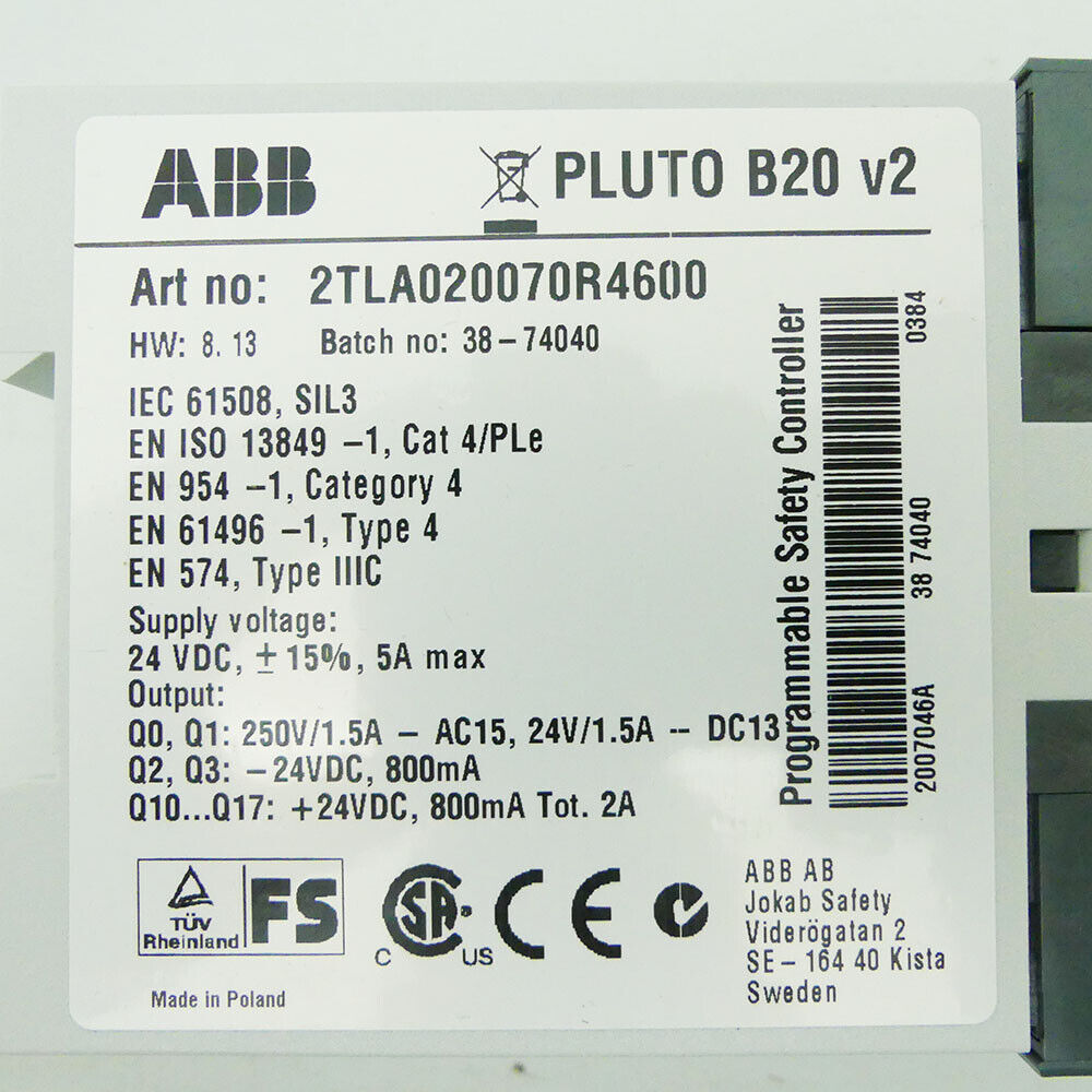 ABB 2TLA020070R4600 Programmable Safety Controller Pluto B20 V2 -new-- UPS / DHL / Fedex