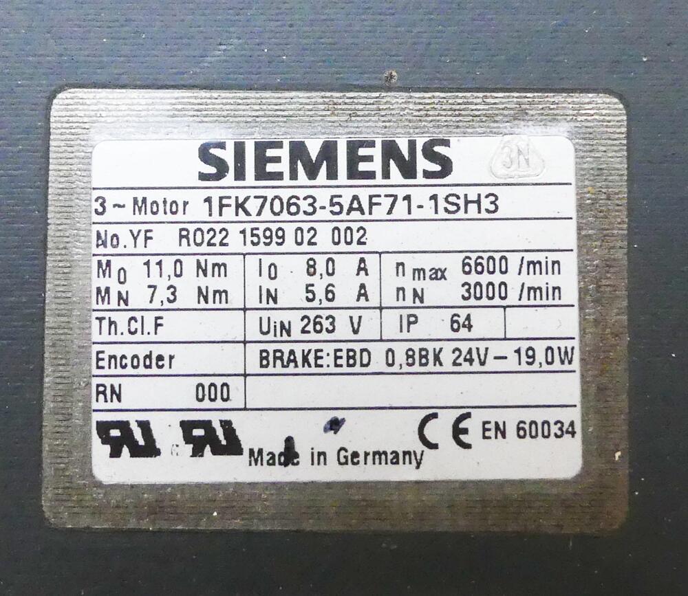 SIEMENS 1FK7063-5AF71-1SH3 Servo Motor R022 1599 02 002 -used--  UPS /  Fedex / DHL