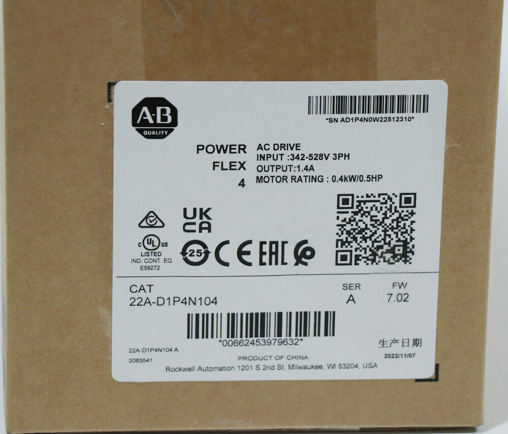 22A-D1P4N104 Allen Bradley 0.4kW PowerFlex 4 AC Drive 380VAC 3PH 1.4A Fedex or DHL