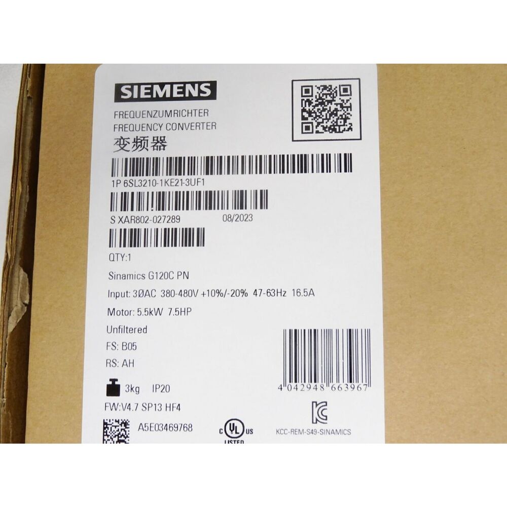 Siemens 6SL3 210-1KE21-3UF1 SINAMICS G120C 5.5KW Converter 6SL3210-1KE21-3UF1