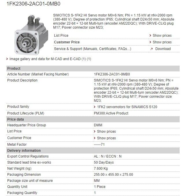 Siemens SIMOTICS S-1FK2 HI Servo Motor 1FK2306-2AC01-0MB0 In Stock Fast Shipping Fedex / DHL