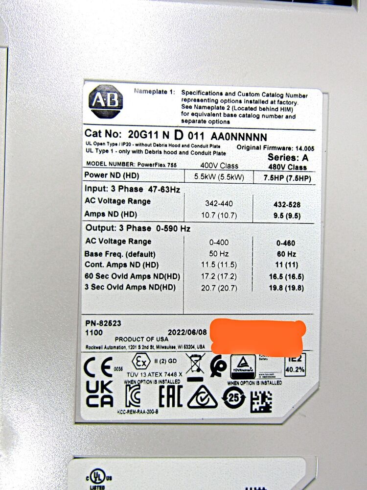 SURPLUS 2022 ALLEN BRADLEY 20G11ND011AA0NNNNN SER A DRIVE AB 20G11ND011AA0NNNNN DHL / UPS / FedEx