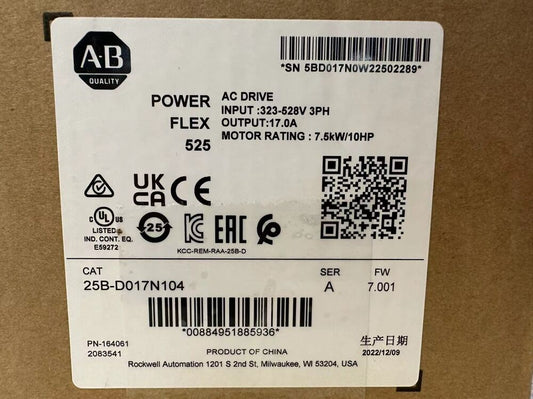 AB 25B-D017N104 2022 SER A NEW Allen-Bradley PowerFlex 525 7.5kW 10Hp AC Drive Fedex or DHL