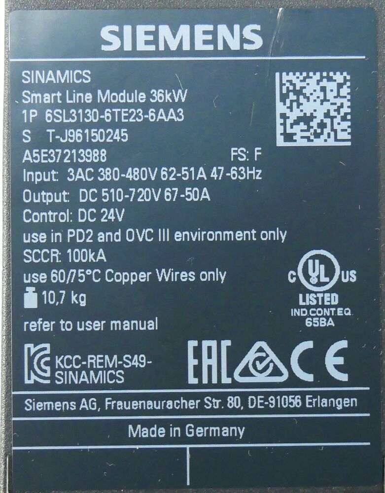 Siemens used 6SL3130-6TE23-6AA3 Sinamics Smart Line Module 36kW Fedex / DHL