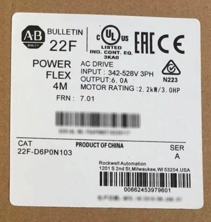 Allen-Bradley 22F-D6P0N103 PowerFlex 4M AC Drive 480VAC 3-Phase 6A 2.2kW 3HP DHL / UPS / FedEx