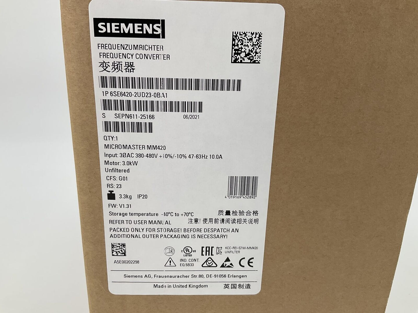 New Siemens Inverter 6SE6420-2UD23-0BA1 MM420 380V 3KW