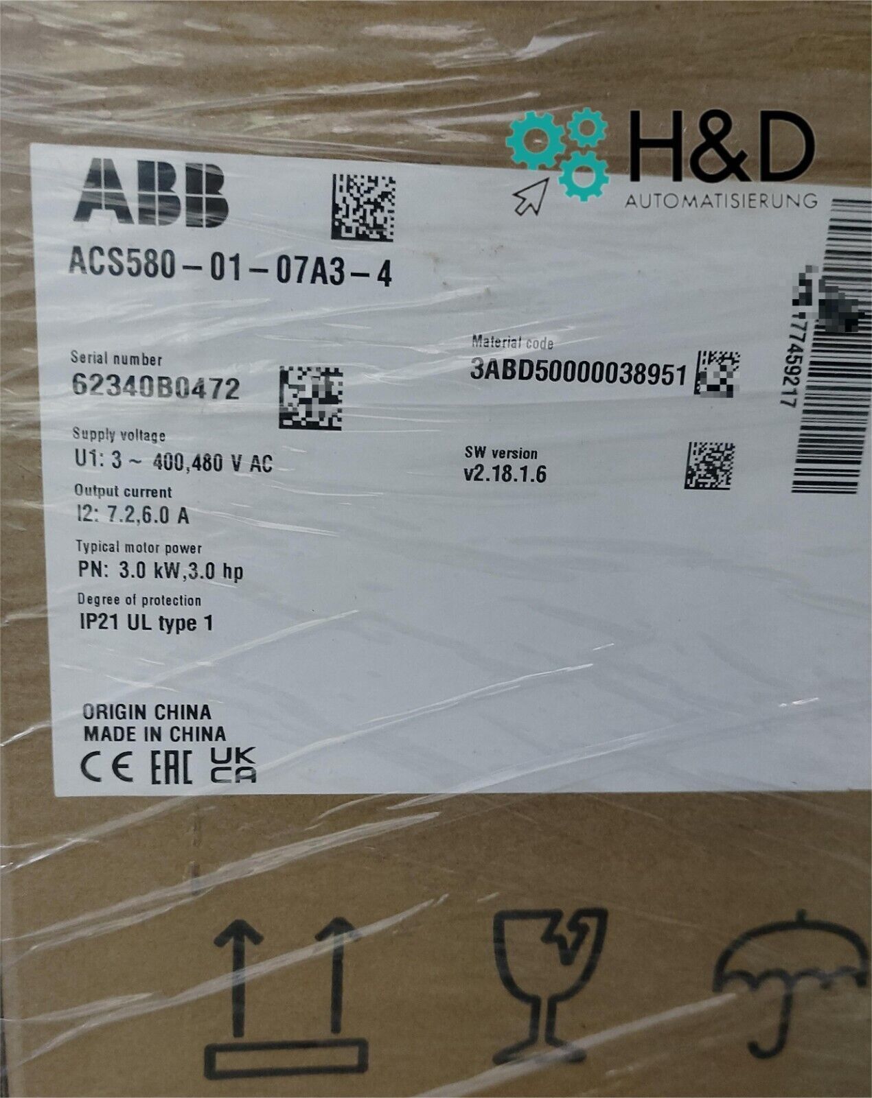 ACS580-01-07A3-4 ABB Inverter PN: 3.0kW, IN: 7.2A【New and Sealed】-