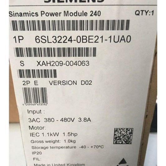 New Siemens 6SL3224-0BE21-1UA0 6SL3 224-0BE21-1UA0 G120 PM 240 Power Module