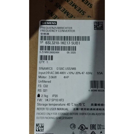 New Siemens 6SL3 210-1KE17-5UB1 6SL3210-1KE17-5UB1 G120C RATED POWER 3,0KW