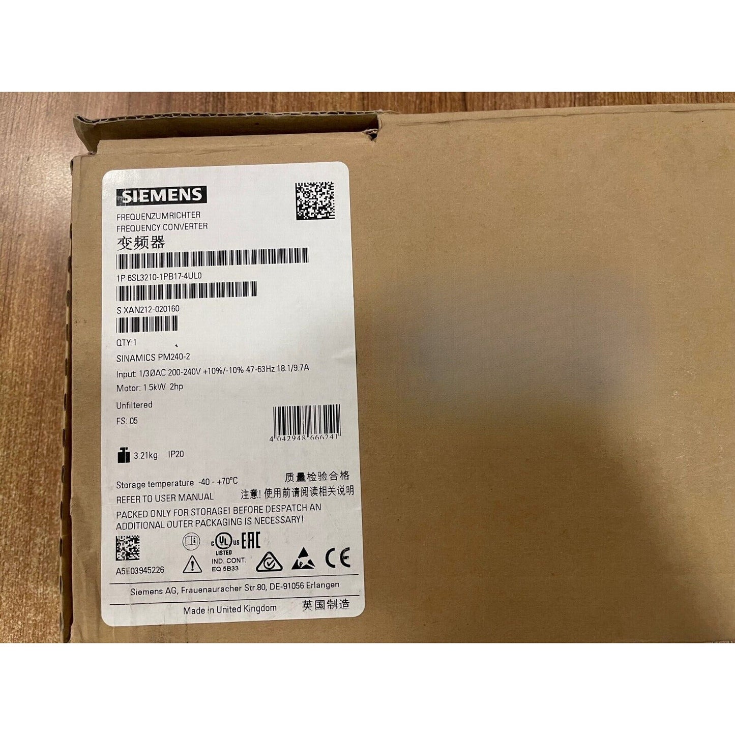 New Siemens 6SL3210-1PB17-4UL0 SINAMICS PM240-2 Unfiltered 6SL3 210-1PB17-4UL0