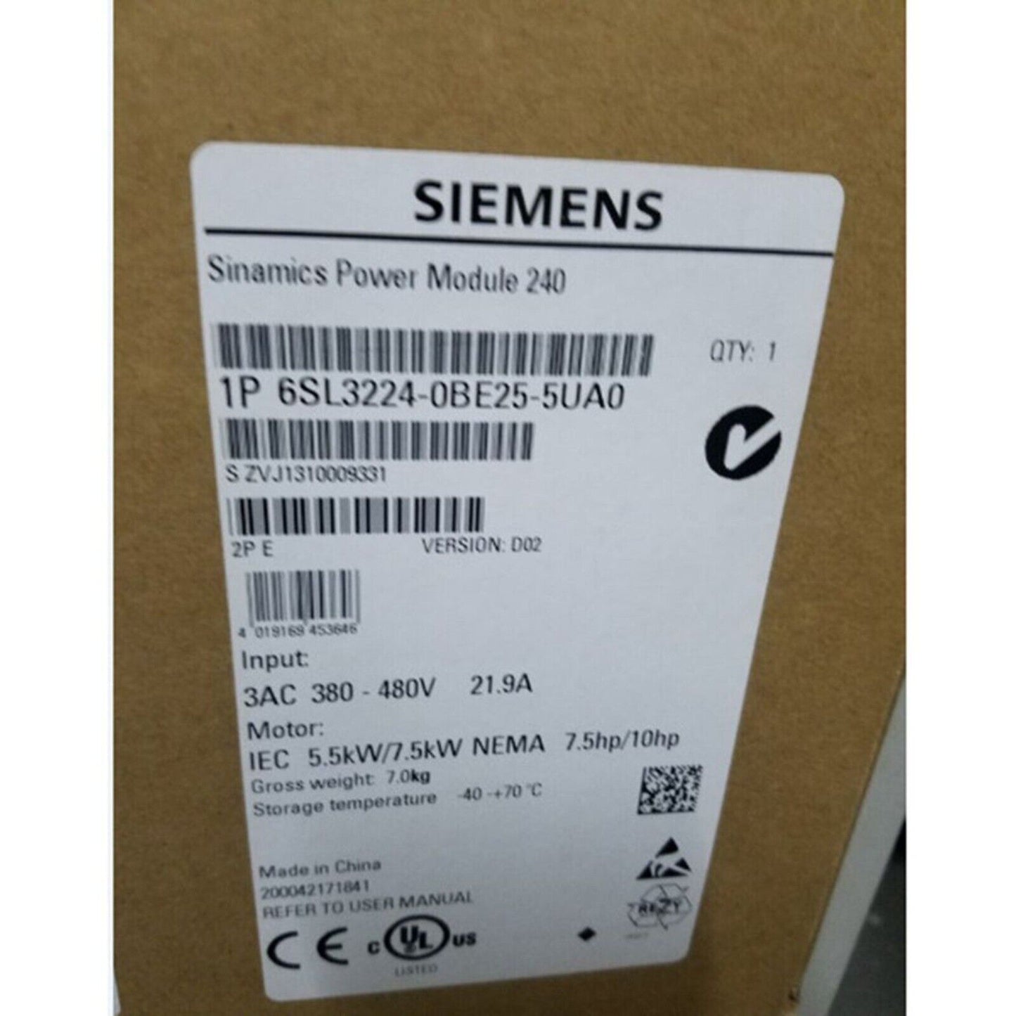 New Siemens 6SL3224-0BE25-5UA0 6SL32240BE255UA0 G120 PM 240 Power Module