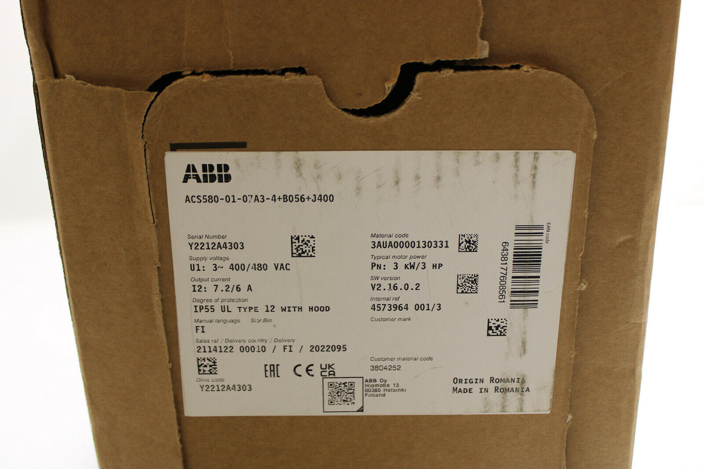 ABB ACS580-01-07A3-4+B056+J400 Inverter NEW