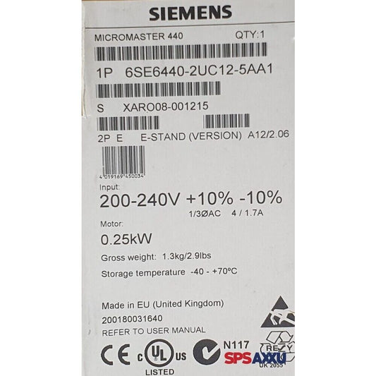 New Siemens 6SE6440-2UC12-5AA1 MICROMASTER440 without filter 6SE6440-2UC12-5AA1